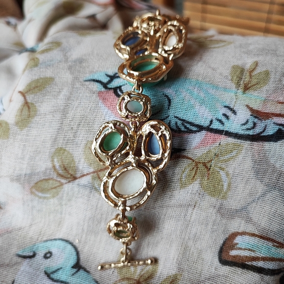 Badgley Mischka Ann Taylor Toggle Clasp Genuine Stones Bracelet Gold Tone Beachy - Picture 11 of 13